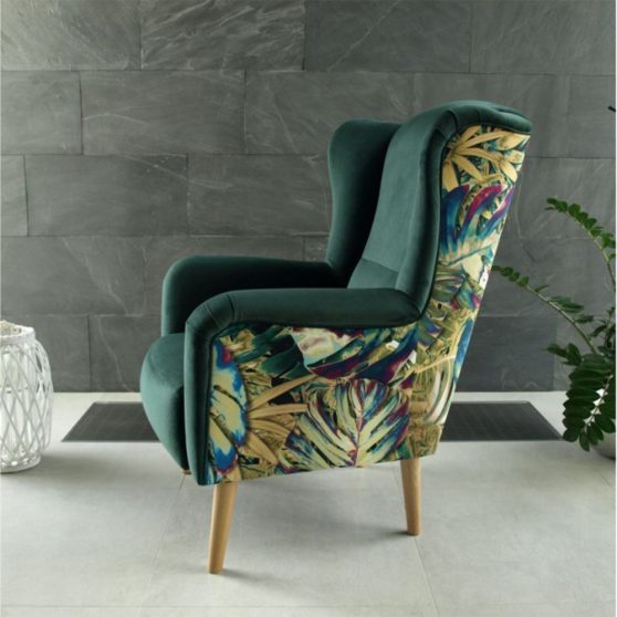 Dizájnos fotel, szövet smaragd-minta Jungle, BELEK