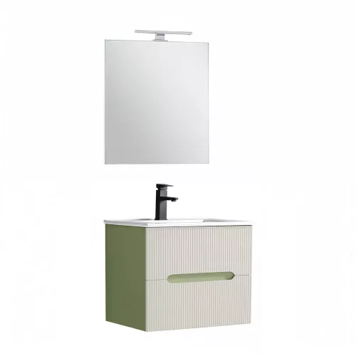 Trent Fürdőszobabútor 60 cm kerámia mosdóval (2 fiókos) tükörrel 60x80 cm pisztáciazöld-fehér
