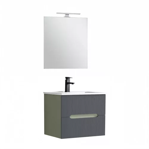 Trent Fürdőszobabútor 60 cm kerámia mosdóval (2 fiókos) tükörrel 60x80 cm olivazöld-antracit szürke