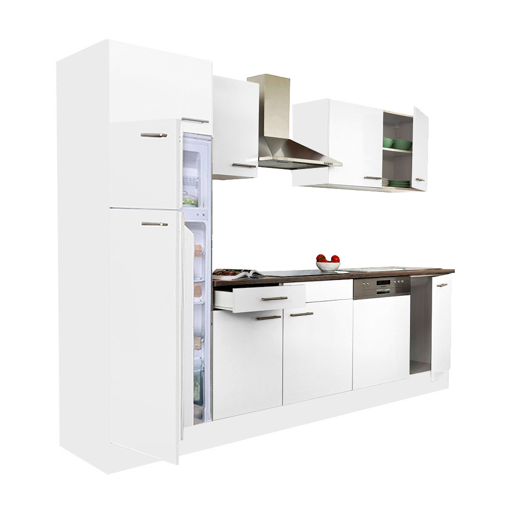 Yorki 280 konyhabútor fehér korpusz,selyemfényű fehér fronttal felülfagyasztós hűtős szekrénnyel