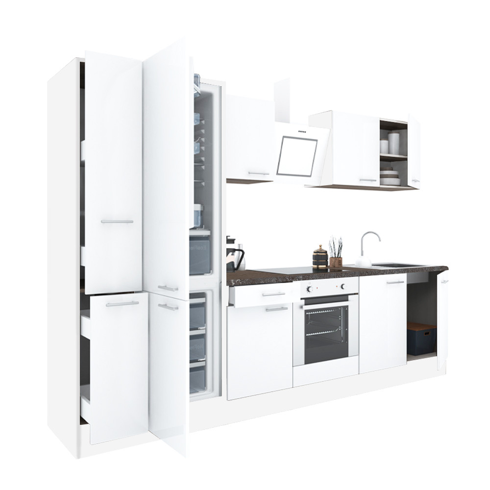Yorki 300 konyhabútor fehér korpusz,selyemfényű fehér front alsó sütős elemmel alulfagyasztós hűtős szekrénnyel