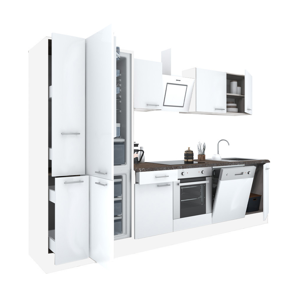 Yorki 310 konyhabútor fehér korpusz,selyemfényű fehér front alsó sütős elemmel alulfagyasztós hűtős szekrénnyel