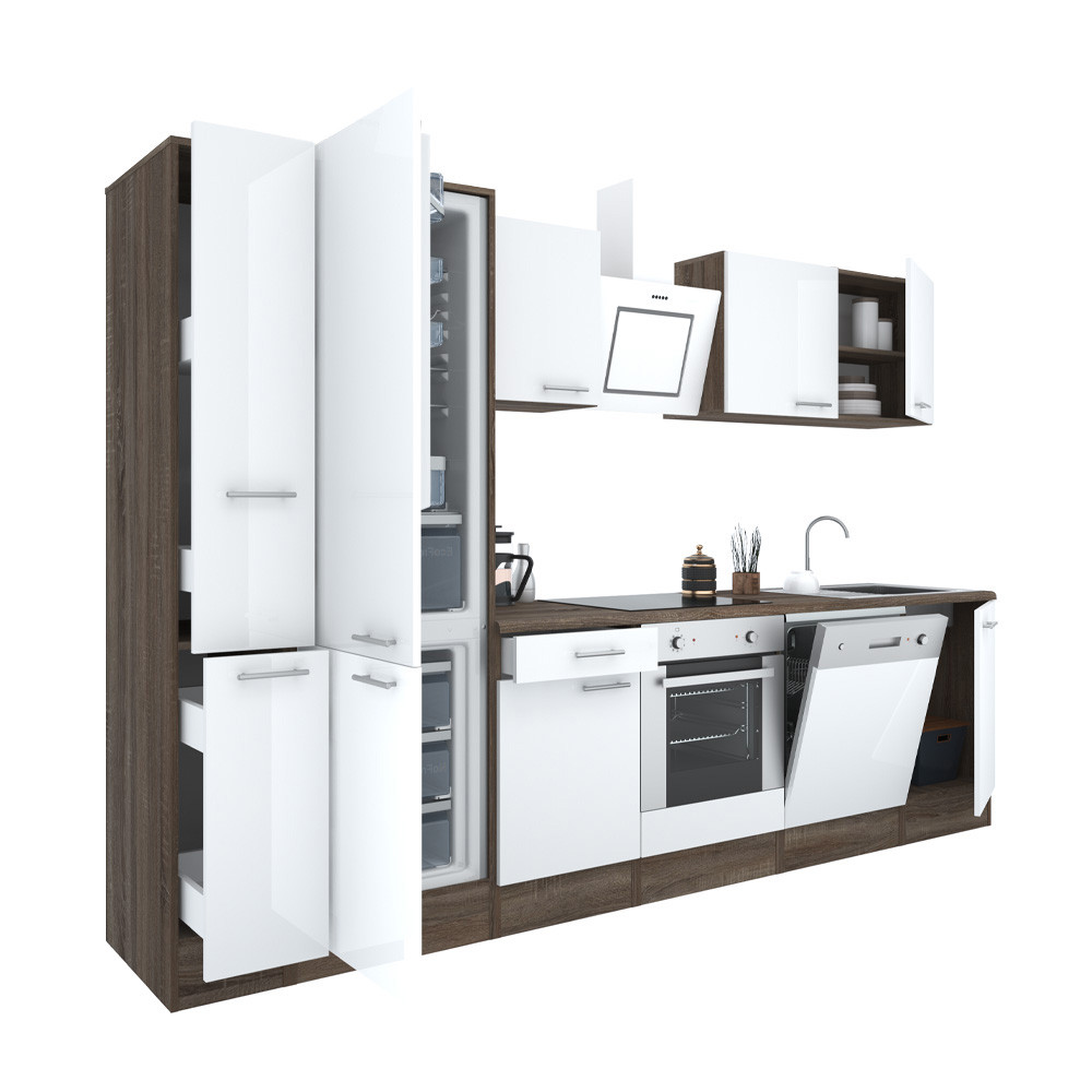 Yorki 310 konyhabútor yorki tölgy korpusz,selyemfényű fehér front alsó sütős elemmel alulfagyasztós hűtős szekrénnyel