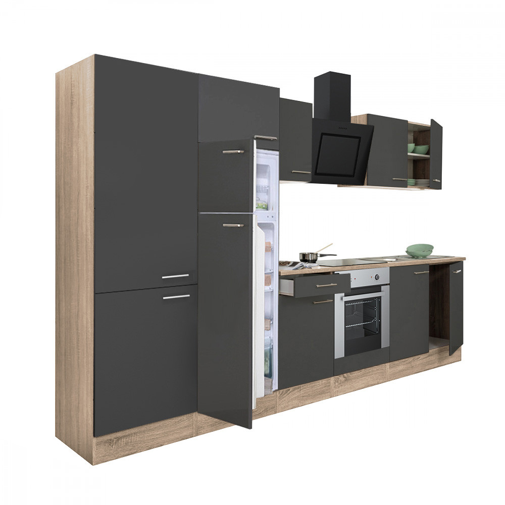 Yorki 330 konyhabútor sonoma tölgy korpusz,selyemfényű antracit front alsó sütős elemmel polcos szekrénnyel és felülfagyasztós hűtős szekrénnyel