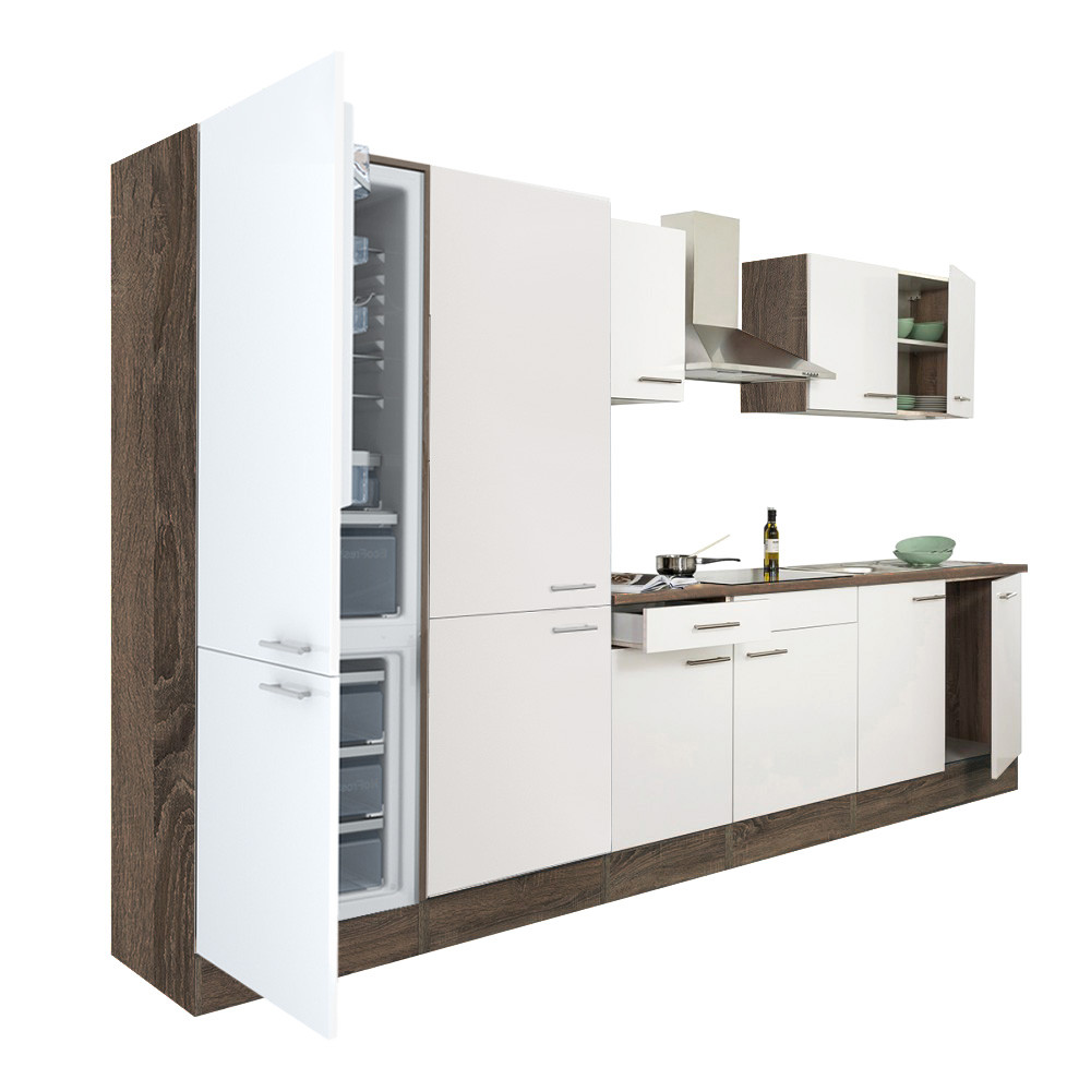 Yorki 330 konyhabútor yorki tölgy korpusz,selyemfényű fehér fronttal polcos szekrénnyel és alulfagyasztós hűtős szekrénnyel