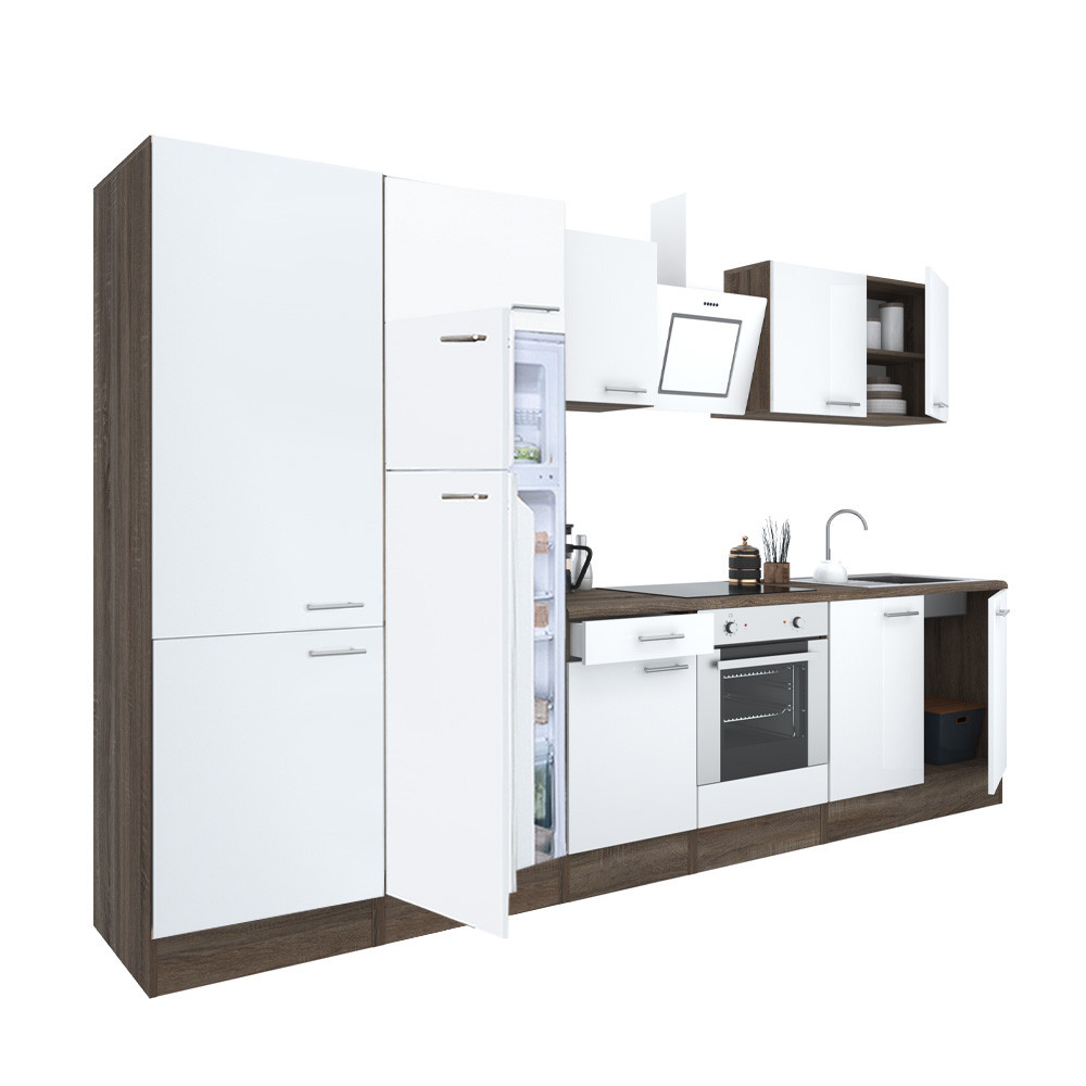 Yorki 330 konyhabútor yorki tölgy korpusz,selyemfényű fehér front alsó sütős elemmel polcos szekrénnyel és felülfagyasztós hűtős szekrénnyel