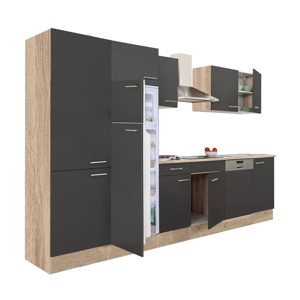 Yorki 340 konyhabútor sonoma tölgy korpusz,selyemfényű antracit fronttal polcos szekrénnyel és felülfagyasztós hűtős szekrénnyel