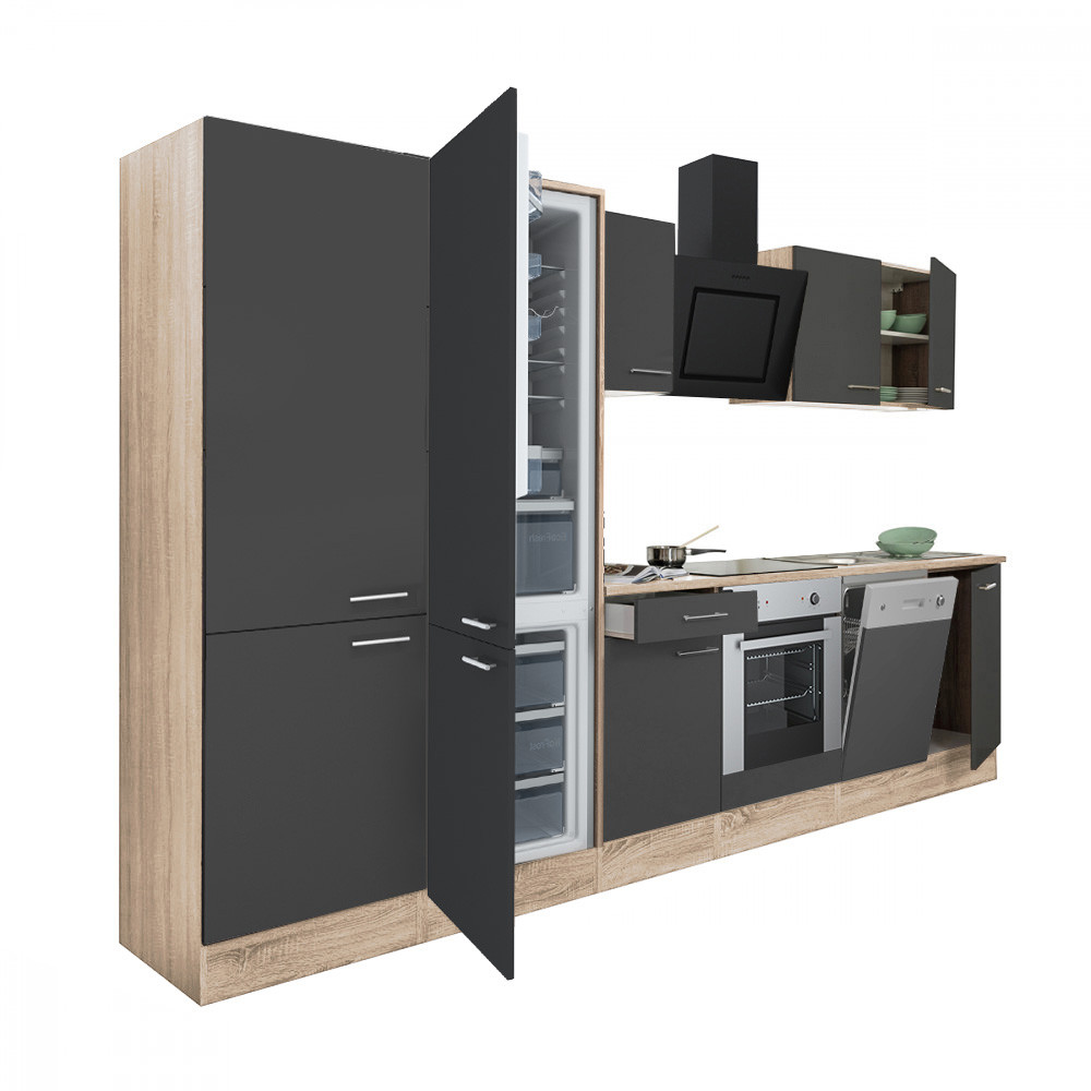 Yorki 340 konyhabútor sonoma tölgy korpusz,selyemfényű antracit front alsó sütős elemmel polcos szekrénnyel és alulfagyasztós hűtős szekrénnyel