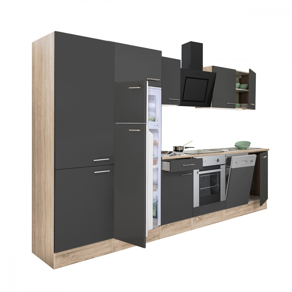 Yorki 340 konyhabútor sonoma tölgy korpusz,selyemfényű antracit front alsó sütős elemmel polcos szekrénnyel és felülfagyasztós hűtős szekrénnyel