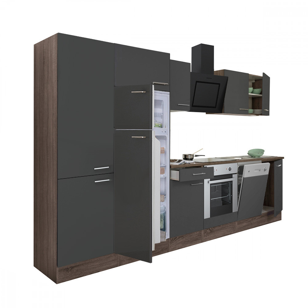 Yorki 340 konyhabútor yorki tölgy korpusz,selyemfényű antracit front alsó sütős elemmel polcos szekrénnyel és felülfagyasztós hűtős szekrénnyel