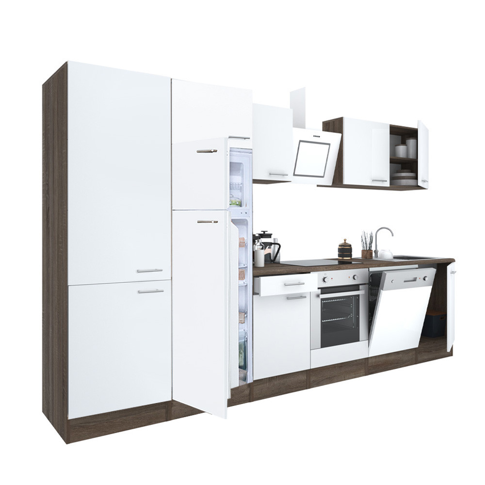 Yorki 340 konyhabútor yorki tölgy korpusz,selyemfényű fehér front alsó sütős elemmel polcos szekrénnyel és felülfagyasztós hűtős szekrénnyel