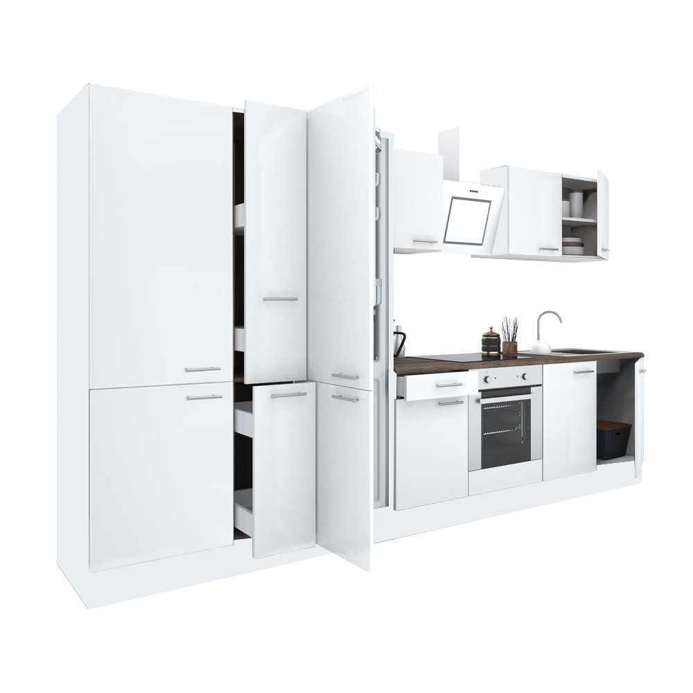 Yorki 360 konyhabútor fehér korpusz,selyemfényű fehér front alsó sütős elemmel polcos szekrénnyel és alulfagyasztós hűtős szekrénnyel