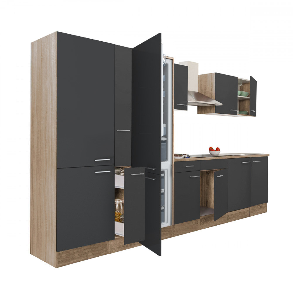 Yorki 360 konyhabútor sonoma tölgy korpusz,selyemfényű antracit fronttal polcos szekrénnyel és alulfagyasztós hűtős szekrénnyel