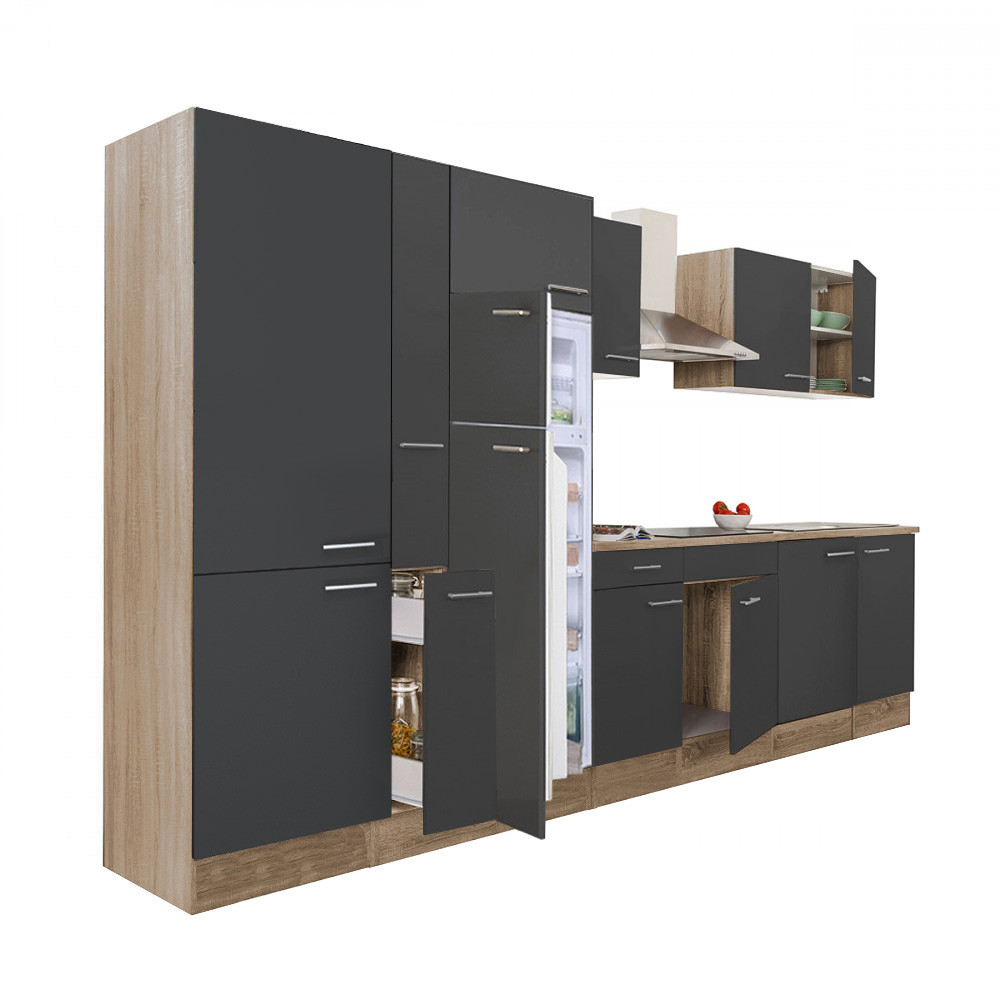 Yorki 360 konyhabútor sonoma tölgy korpusz,selyemfényű antracit fronttal polcos szekrénnyel és felülfagyasztós hűtős szekrénnyel