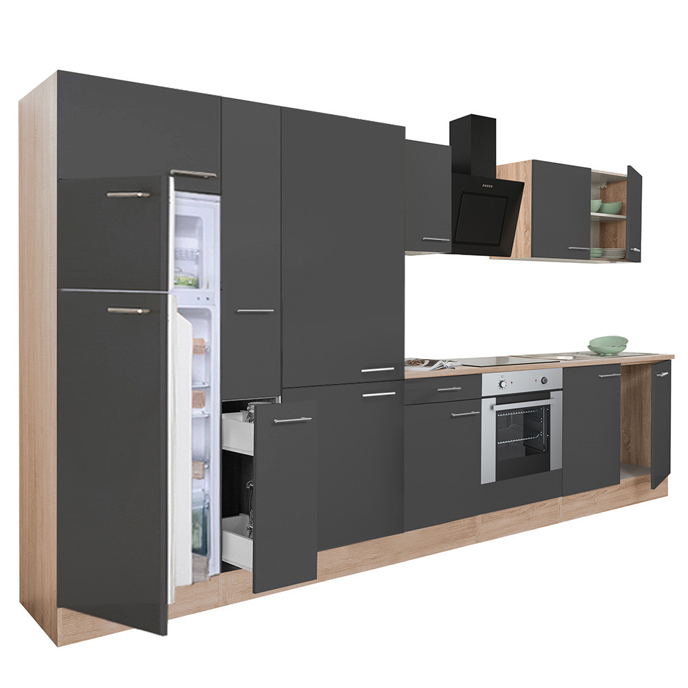 Yorki 360 konyhabútor sonoma tölgy korpusz,selyemfényű antracit front alsó sütős elemmel polcos szekrénnyel és felülfagyasztós hűtős szekrénnyel