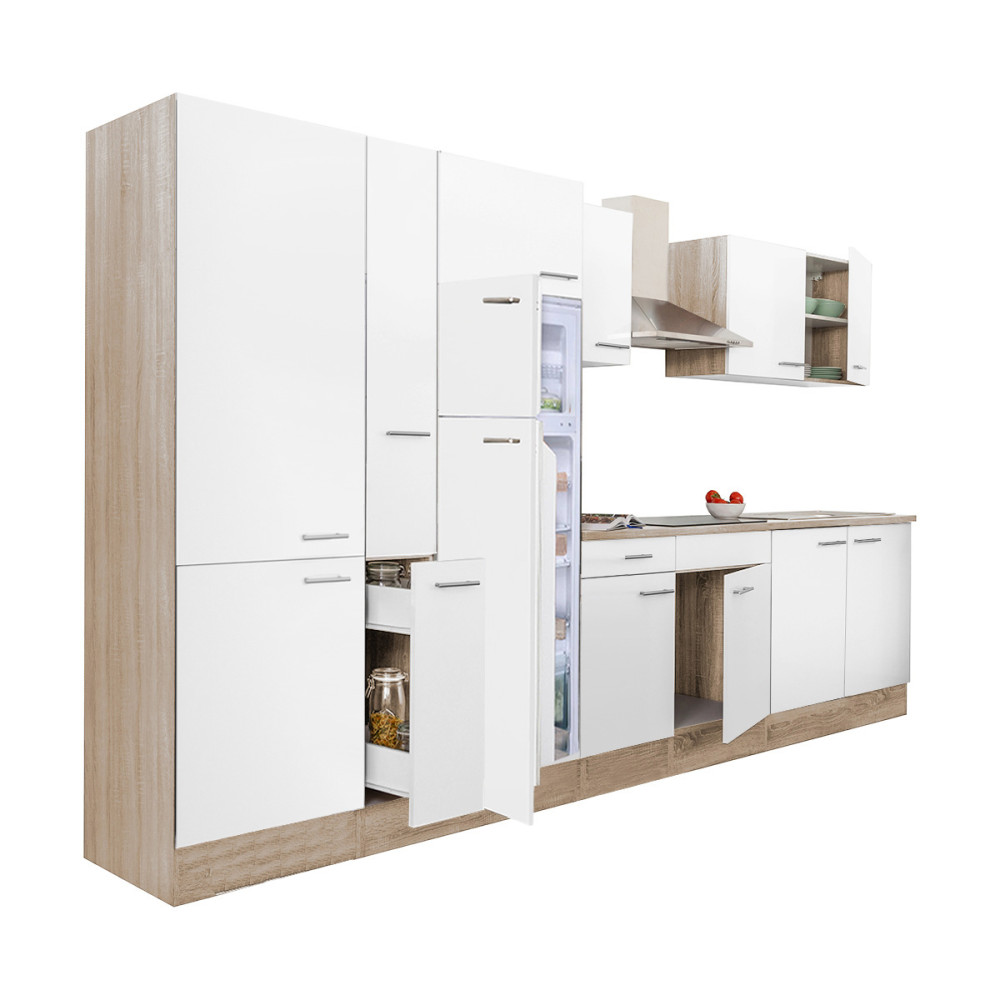 Yorki 360 konyhabútor sonoma tölgy korpusz,selyemfényű fehér fronttal polcos szekrénnyel és felülfagyasztós hűtős szekrénnyel