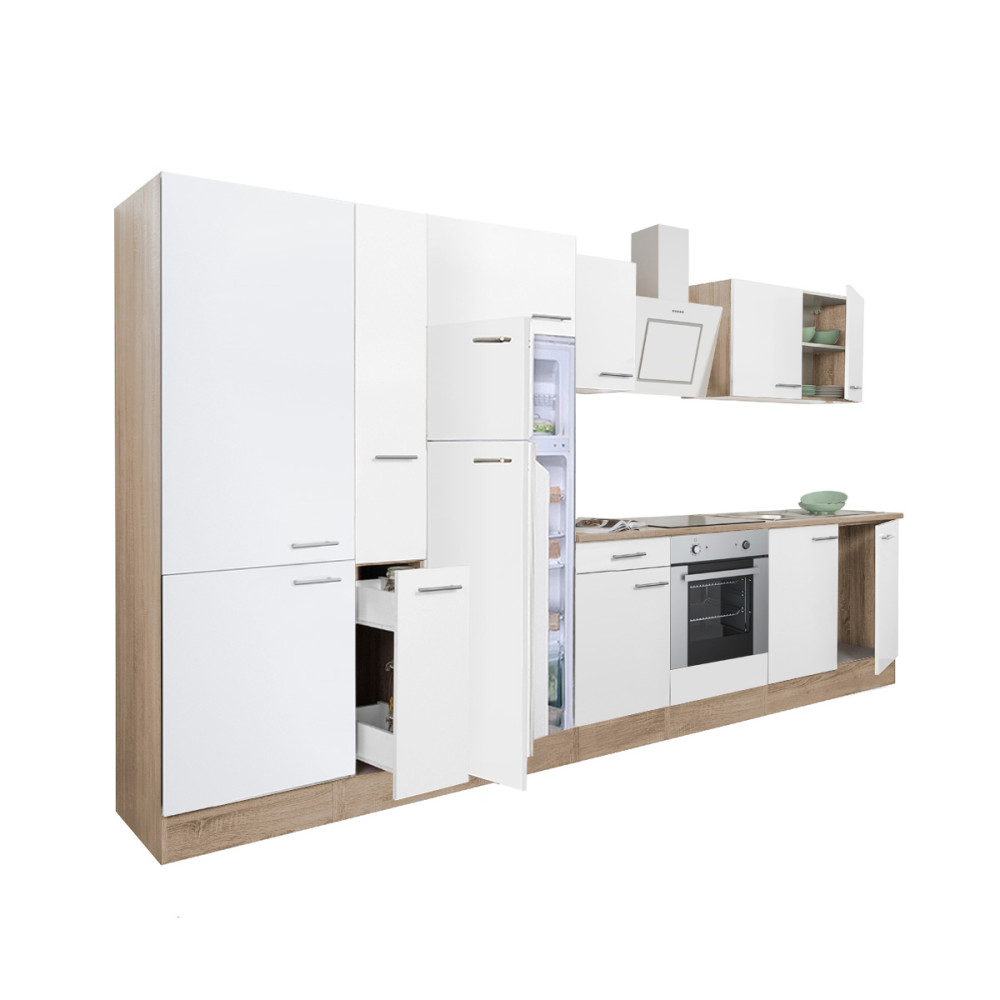 Yorki 360 konyhabútor sonoma tölgy korpusz,selyemfényű fehér front alsó sütős elemmel polcos szekrénnyel és felülfagyasztós hűtős szekrénnyel