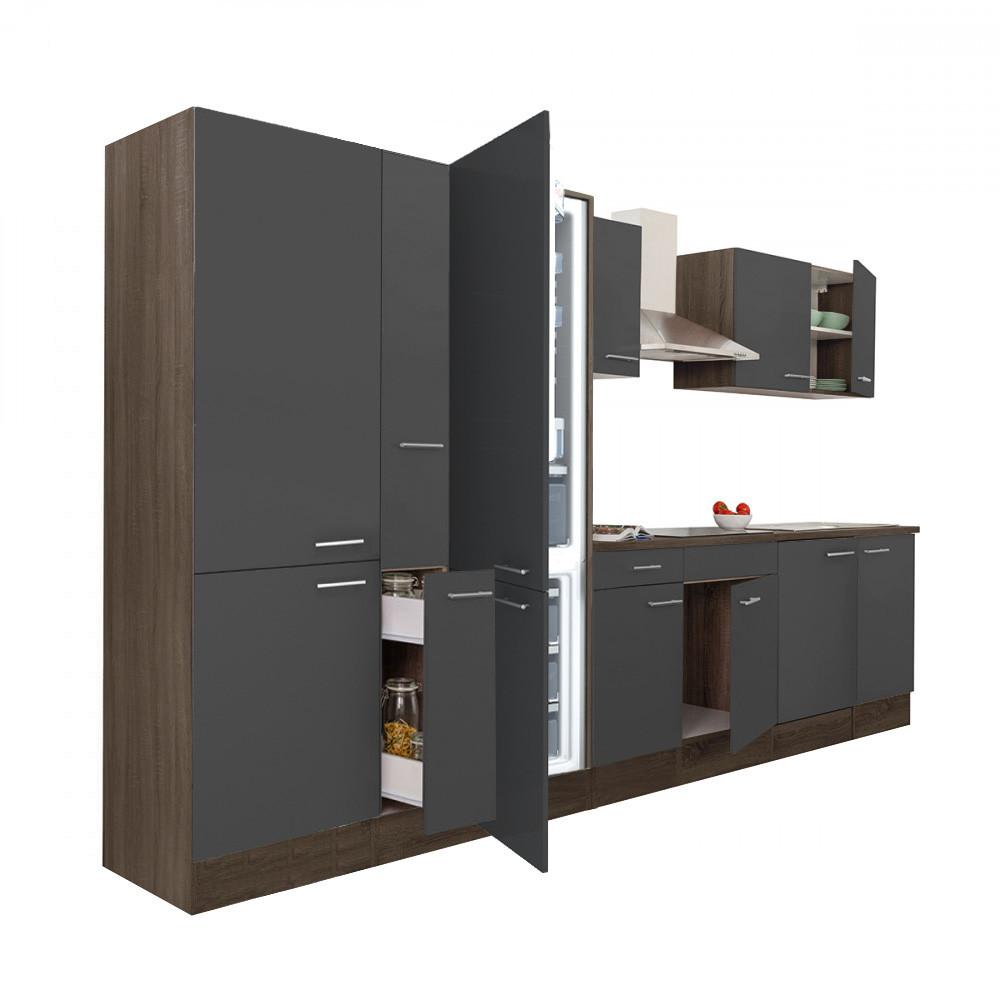 Yorki 360 konyhabútor yorki tölgy korpusz,selyemfényű antracit fronttal polcos szekrénnyel és alulfagyasztós hűtős szekrénnyel