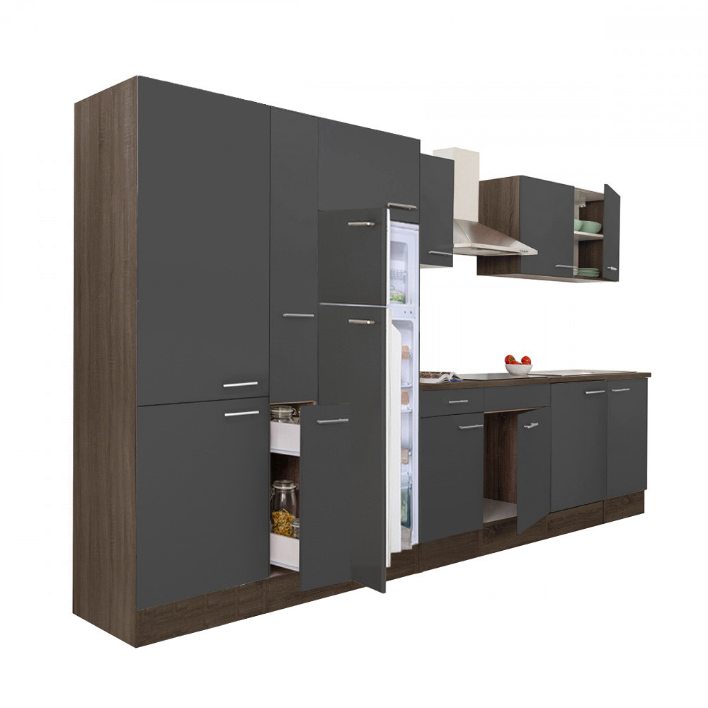 Yorki 360 konyhabútor yorki tölgy korpusz,selyemfényű antracit fronttal polcos szekrénnyel és felülfagyasztós hűtős szekrénnyel