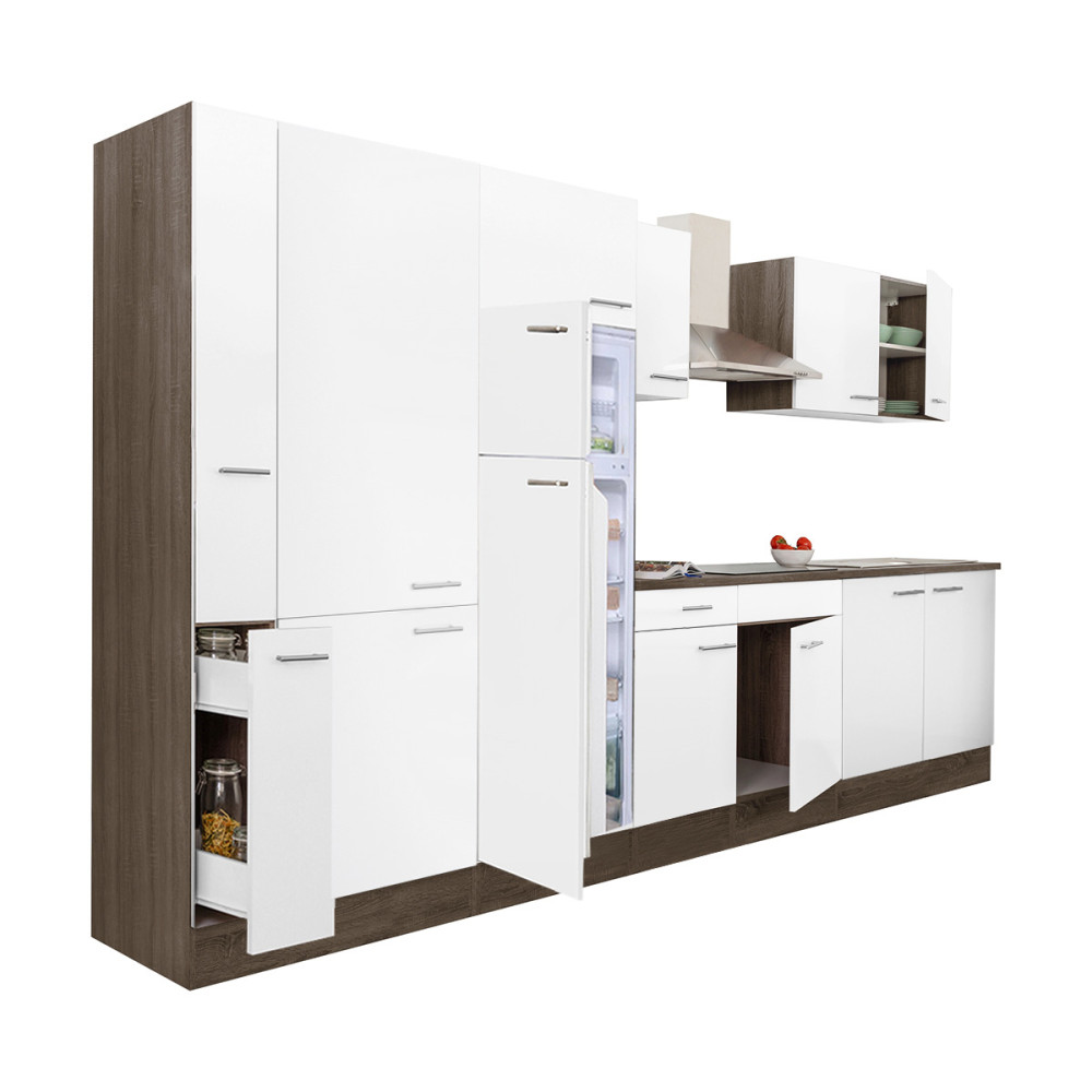 Yorki 360 konyhabútor yorki tölgy korpusz,selyemfényű fehér fronttal polcos szekrénnyel és felülfagyasztós hűtős szekrénnyel