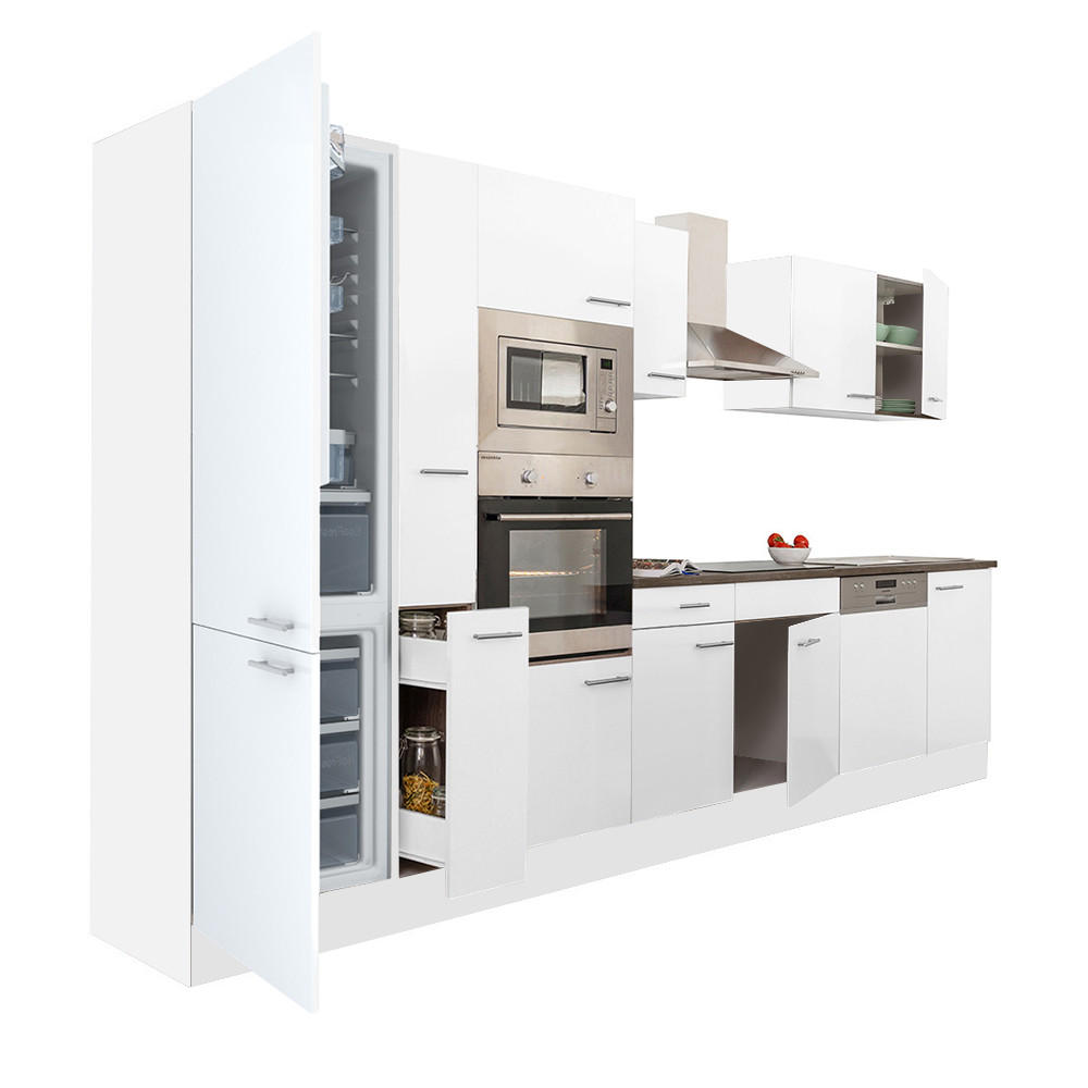 Yorki 370 konyhabútor fehér korpusz,selyemfényű fehér fronttal alulfagyasztós hűtős szekrénnyel