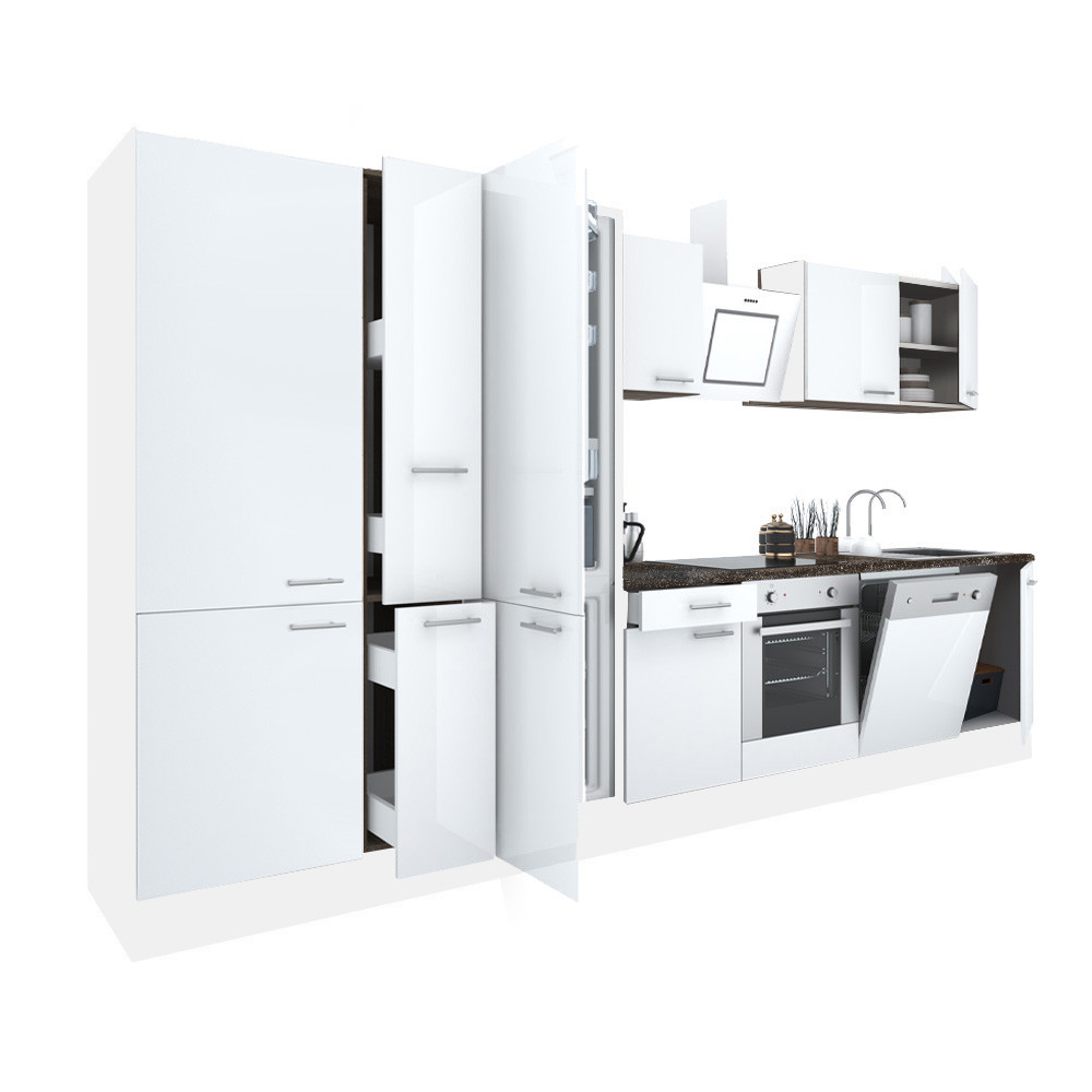 Yorki 370 konyhabútor fehér korpusz,selyemfényű fehér front alsó sütős elemmel polcos szekrénnyel és alulfagyasztós hűtős szekrénnyel