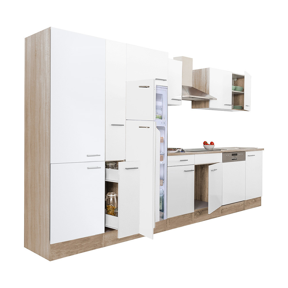 Yorki 370 konyhabútor sonoma tölgy korpusz,selyemfényű fehér fronttal polcos szekrénnyel és felülfagyasztós hűtős szekrénnyel