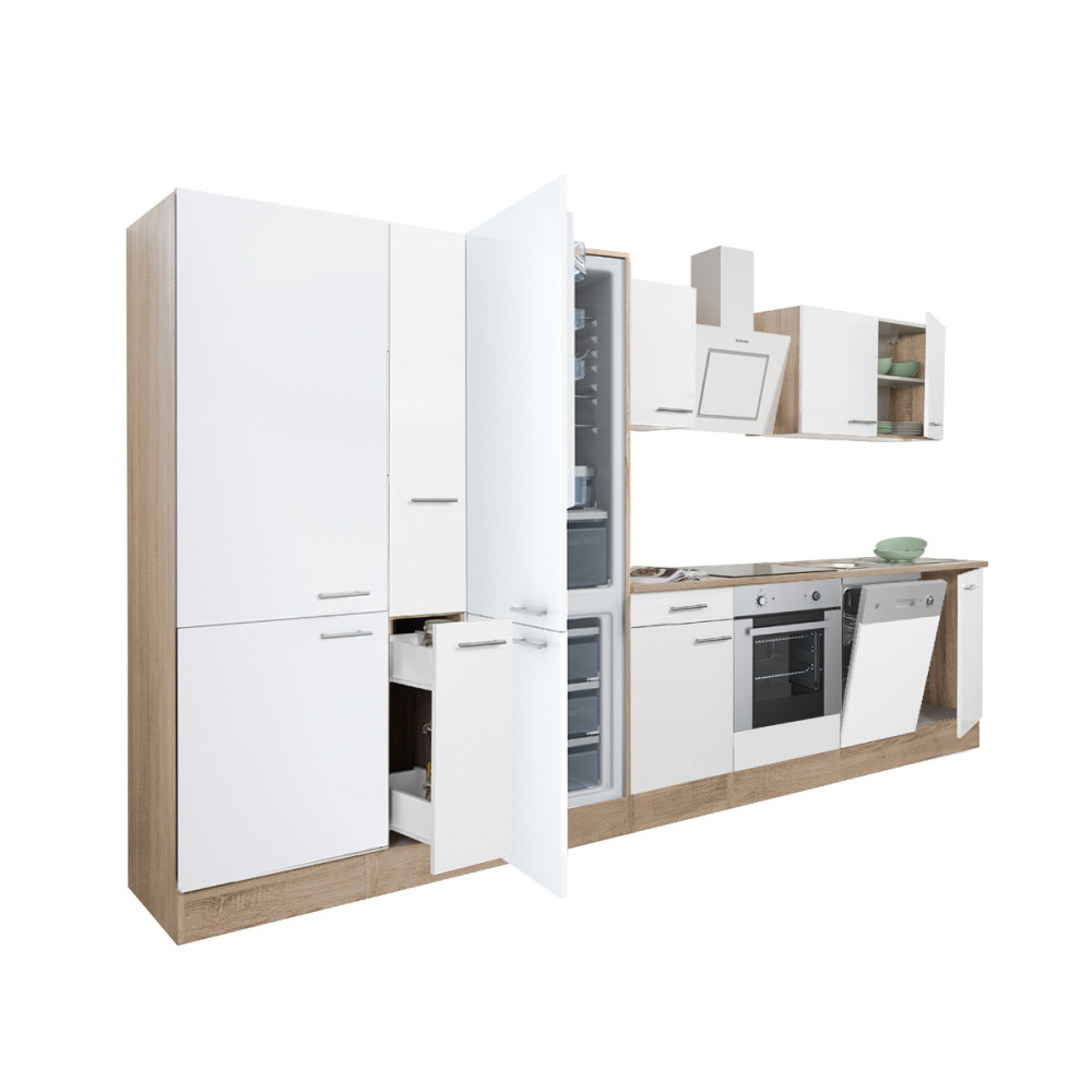 Yorki 370 konyhabútor sonoma tölgy korpusz,selyemfényű fehér front alsó sütős elemmel polcos szekrénnyel és alulfagyasztós hűtős szekrénnyel