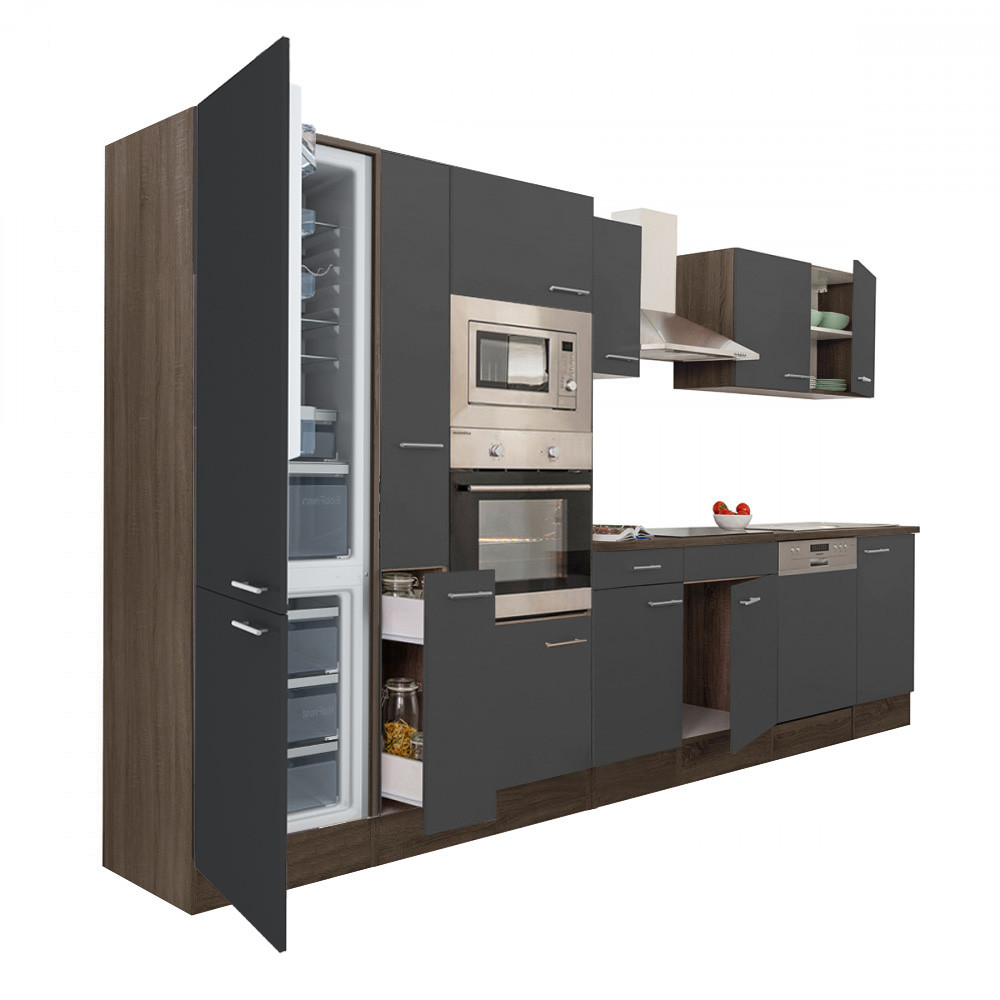 Yorki 370 konyhabútor yorki tölgy korpusz,selyemfényű antracit fronttal alulfagyasztós hűtős szekrénnyel