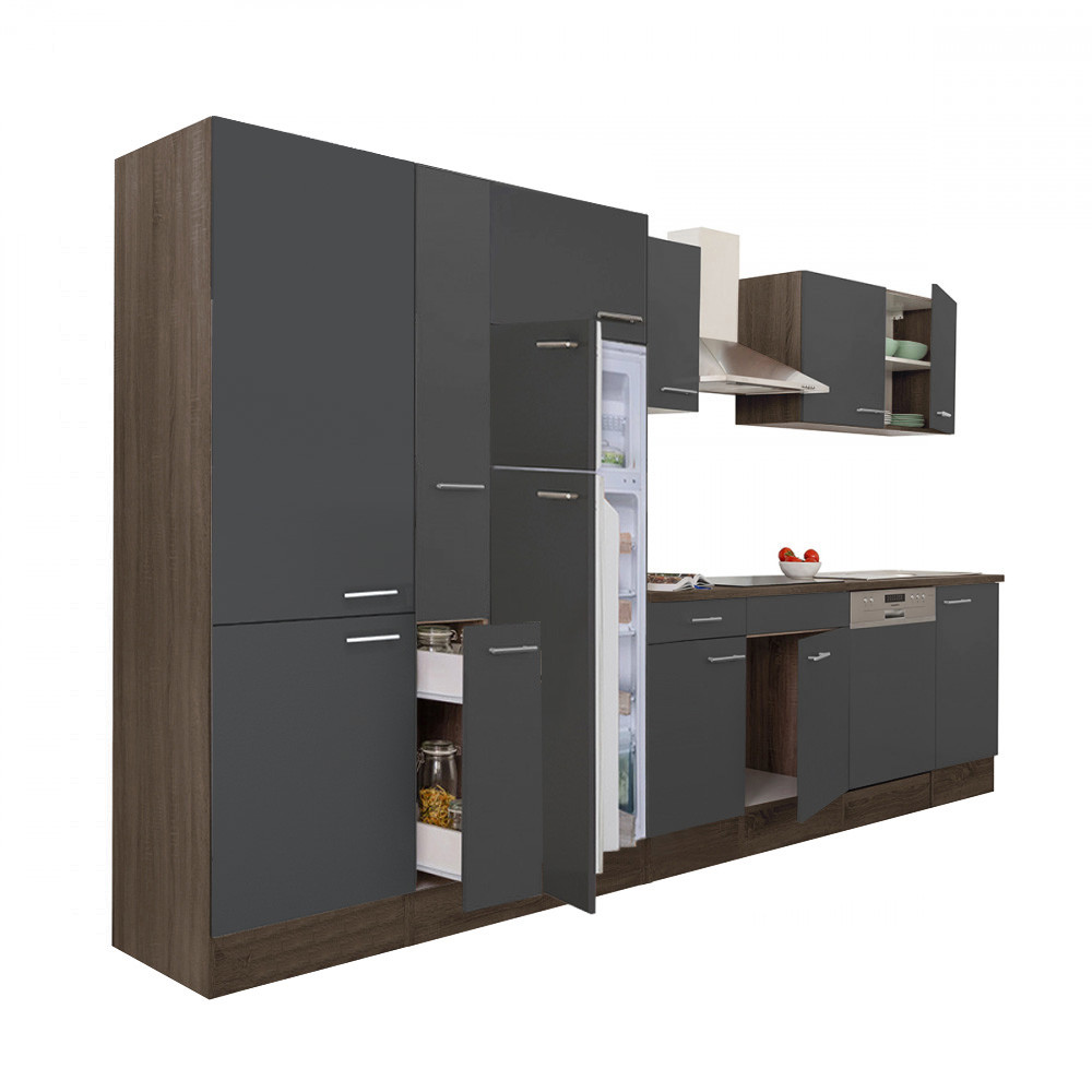 Yorki 370 konyhabútor yorki tölgy korpusz,selyemfényű antracit fronttal polcos szekrénnyel és felülfagyasztós hűtős szekrénnyel