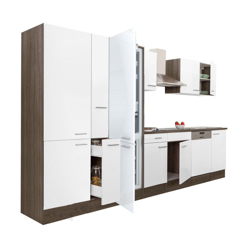 Yorki 370 konyhabútor yorki tölgy korpusz,selyemfényű fehér fronttal polcos szekrénnyel és alulfagyasztós hűtős szekrénnyel