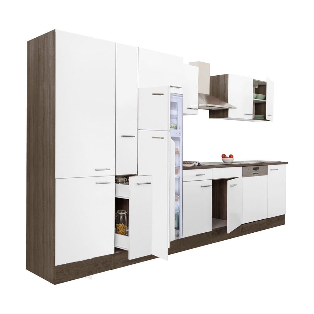 Yorki 370 konyhabútor yorki tölgy korpusz,selyemfényű fehér fronttal polcos szekrénnyel és felülfagyasztós hűtős szekrénnyel