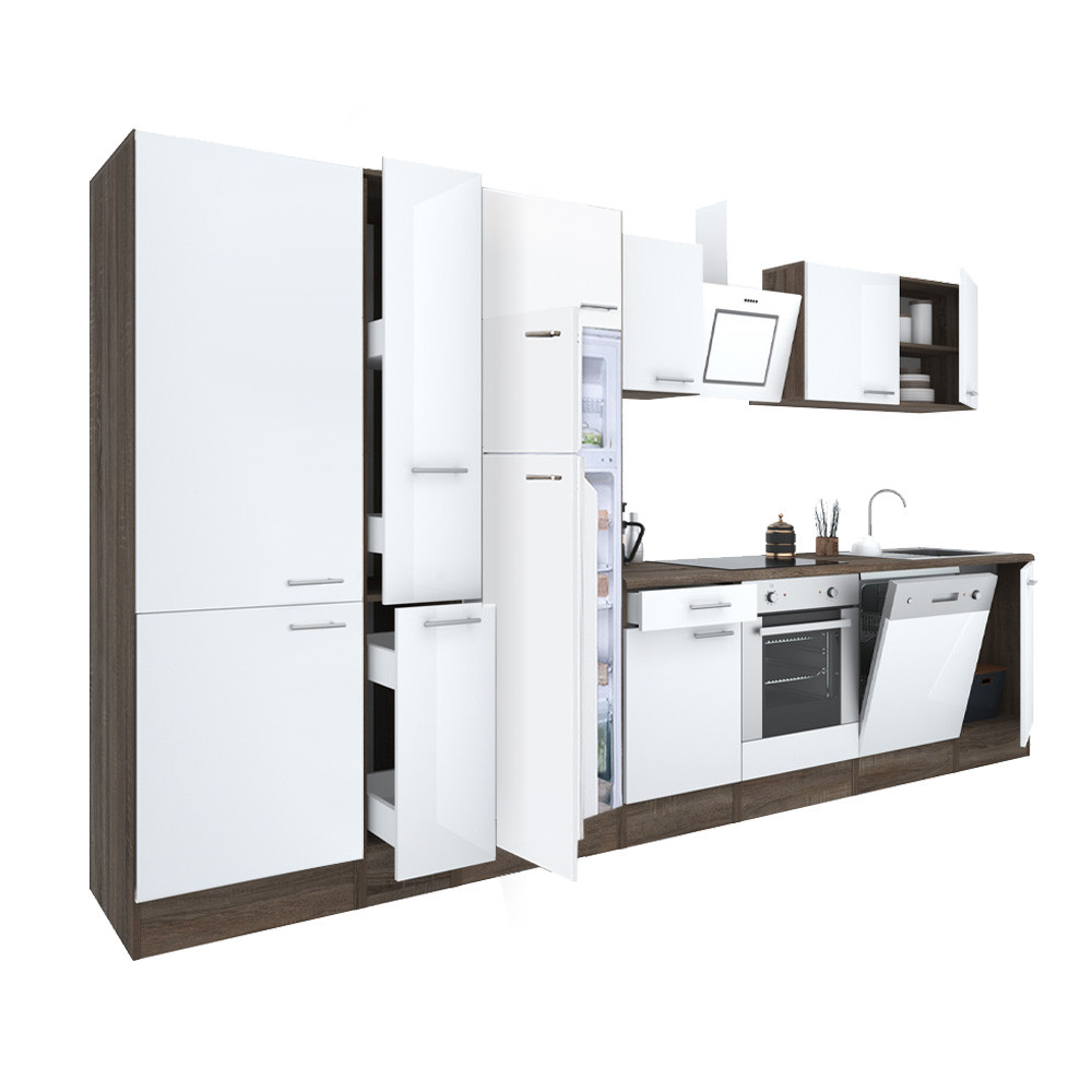 Yorki 370 konyhabútor yorki tölgy korpusz,selyemfényű fehér front alsó sütős elemmel polcos szekrénnyel és felülfagyasztós hűtős szekrénnyel
