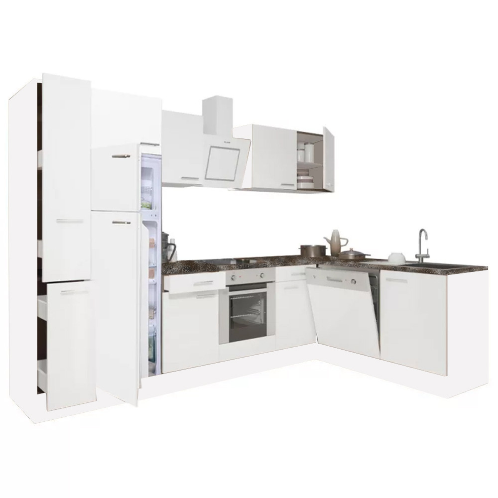 Yorki 310sarok konyhabútor fehér korpusz,selyemfényű fehér front alsó sütős elemmel felülfagyasztós hűtős szekrénnyel