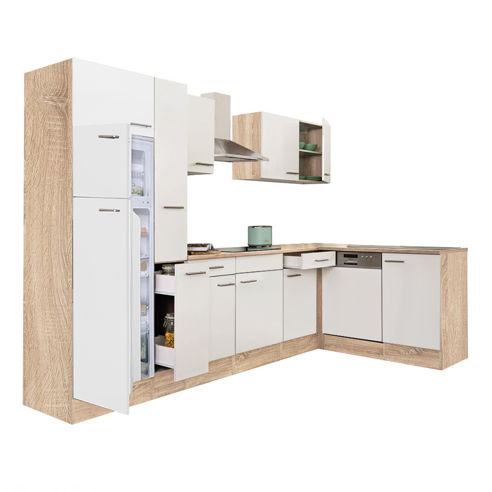 Yorki 310 sarok konyhabútor sonoma tölgy korpusz,selyemfényű fehér fronttal felülfagyasztós hűtős szekrénnyel