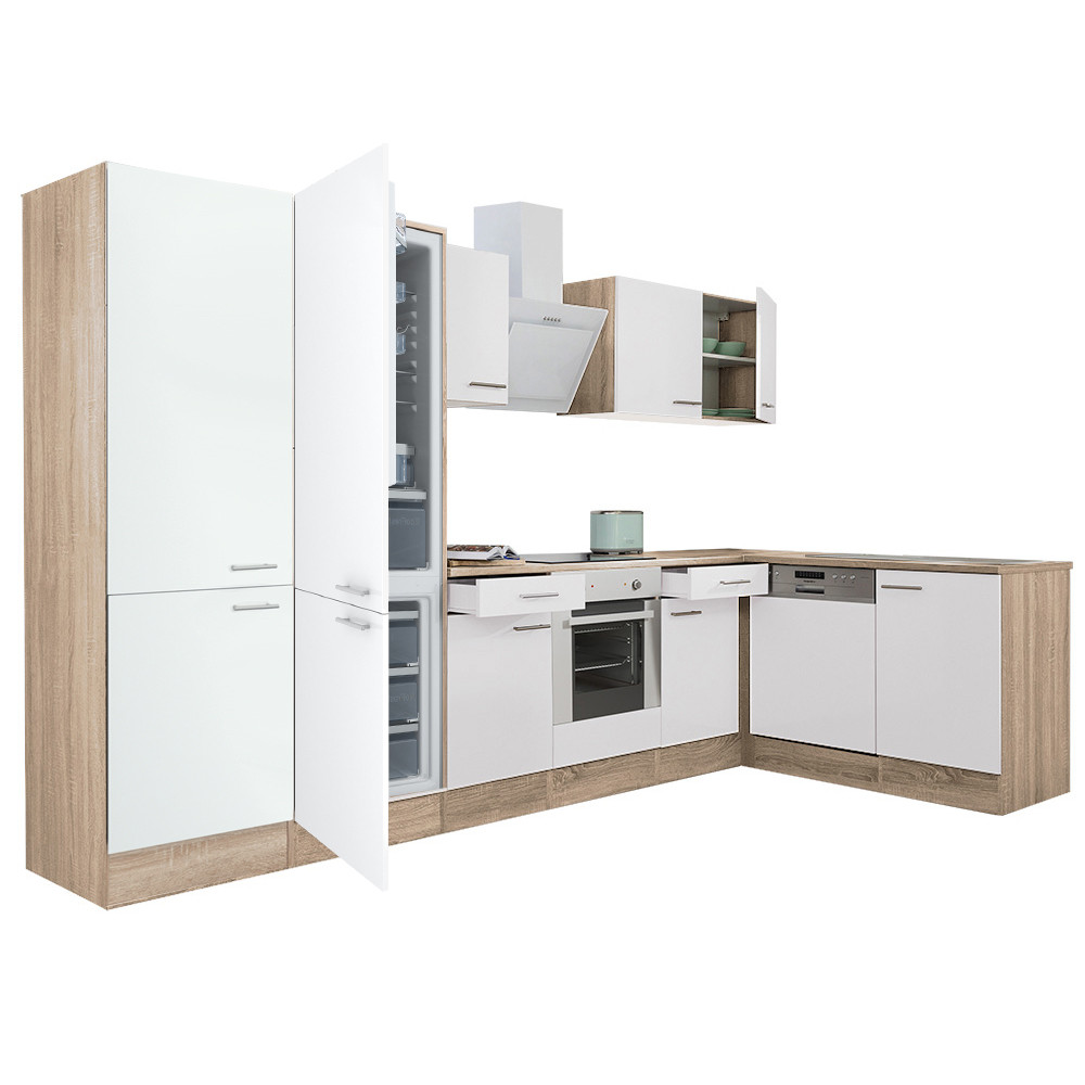 Yorki 340 sarok konyhabútor sonoma tölgy korpusz,selyemfényű fehér front alsó sütős elemmel polcos szekrénnyel, alulfagyasztós hűtős szekrénnyel