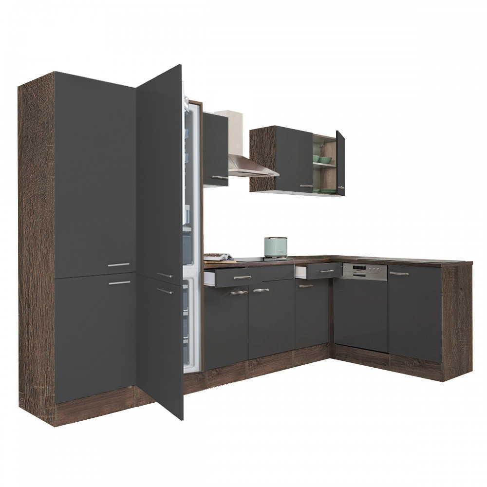 Yorki 340 sarok konyhabútor yorki tölgy korpusz,selyemfényű antracit fronttal polcos szekrénnyel és alulfagyasztós hűtős szekrénnyel