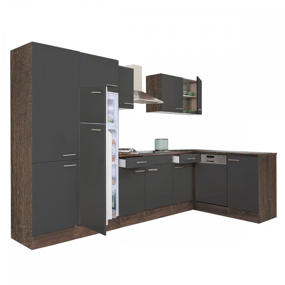 Yorki 340 sarok konyhabútor yorki tölgy korpusz,selyemfényű antracit fronttal polcos szekrénnyel és felülfagyasztós hűtős szekrénnyel