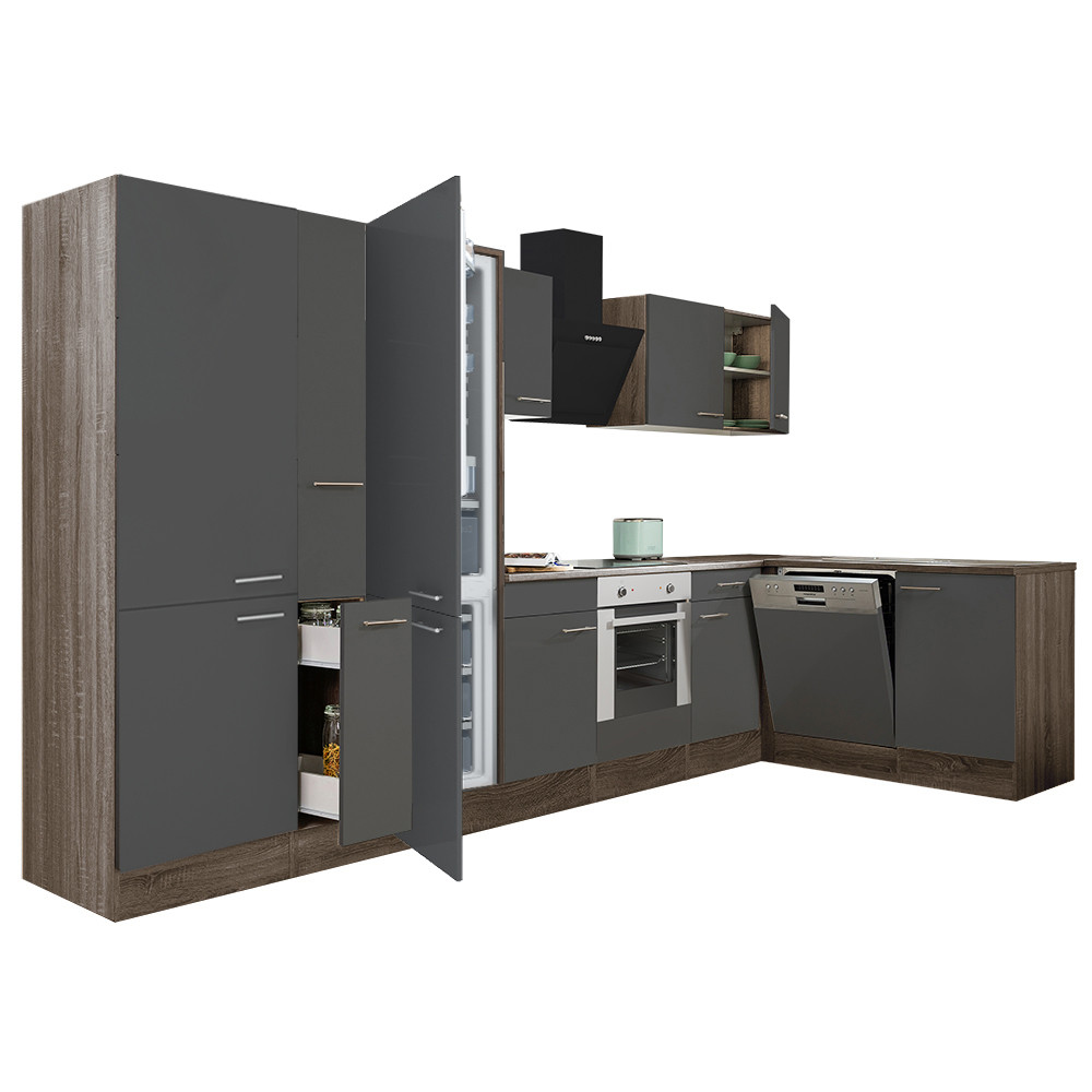 Yorki 370 sarok konyhabútor yorki tölgy korpusz,selyemfényű antracit front alsó sütős elemmel polcos szekrénnyel, alulfagyasztós hűtős szekrénnyel